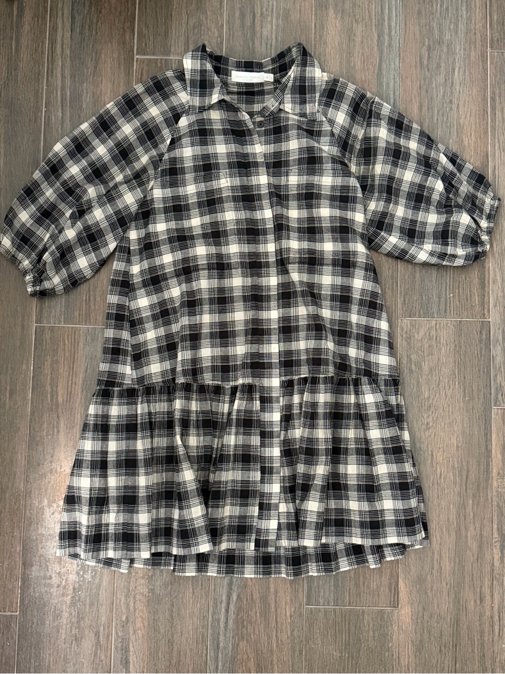 Jonathan Simkhai Crissy Plaid Black & White Tiered Shirt Dress with pockets.